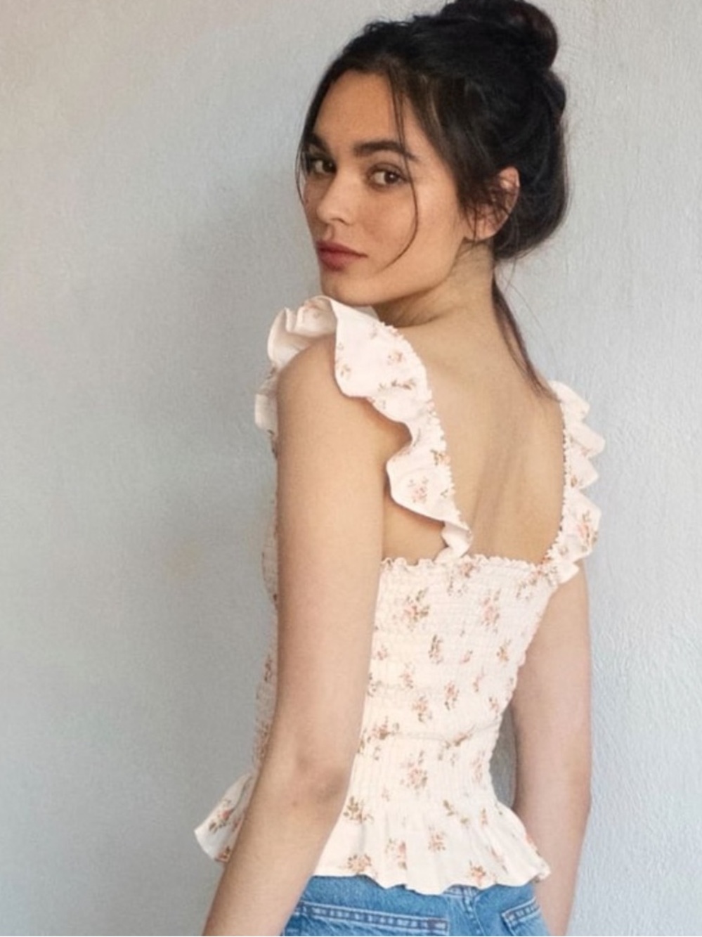 Reformation Pale Pink Floral Ruffle Smocked Tank